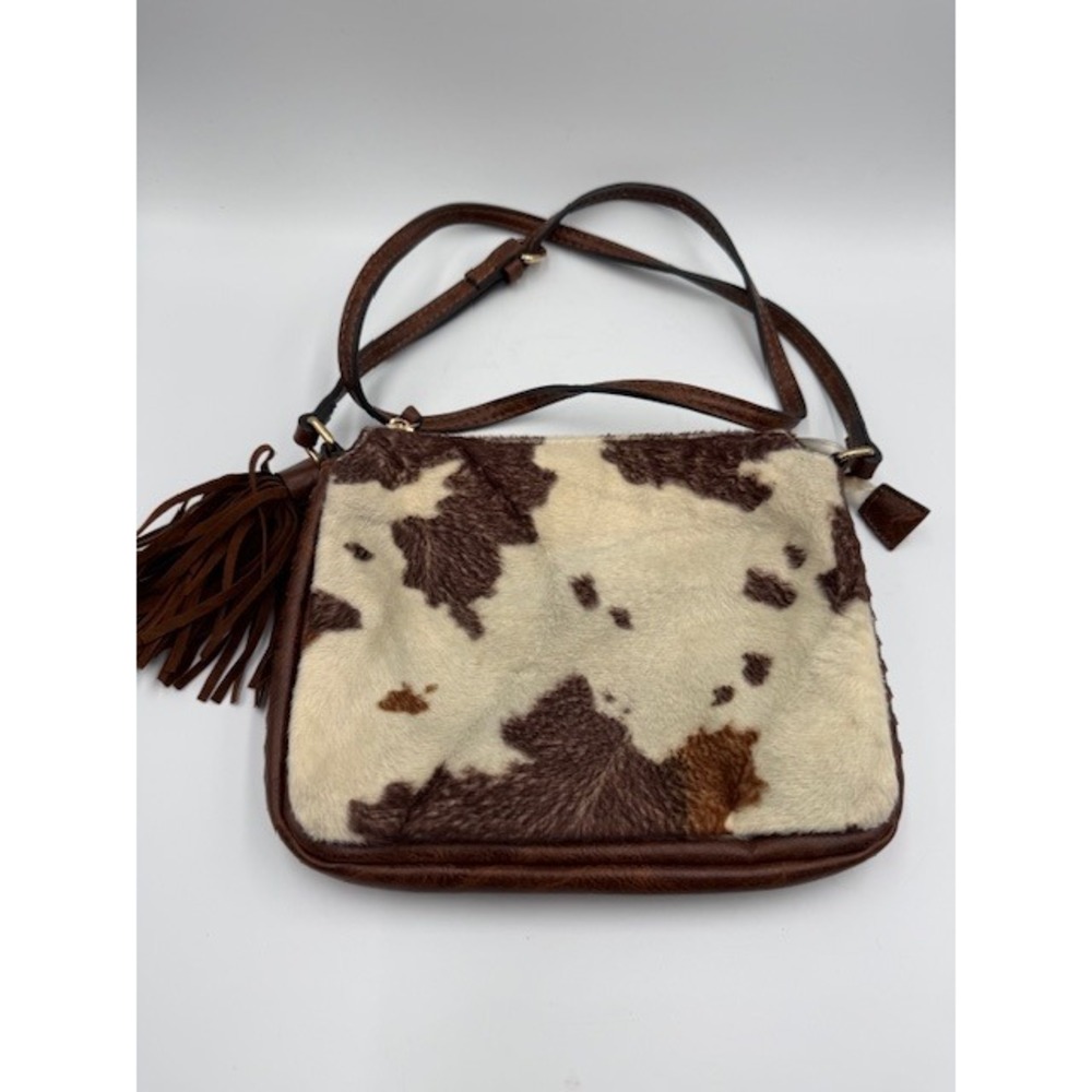 Western Cow Print Faux Fur Crossbody Bag Brown White Tassel Whipstitch Trim